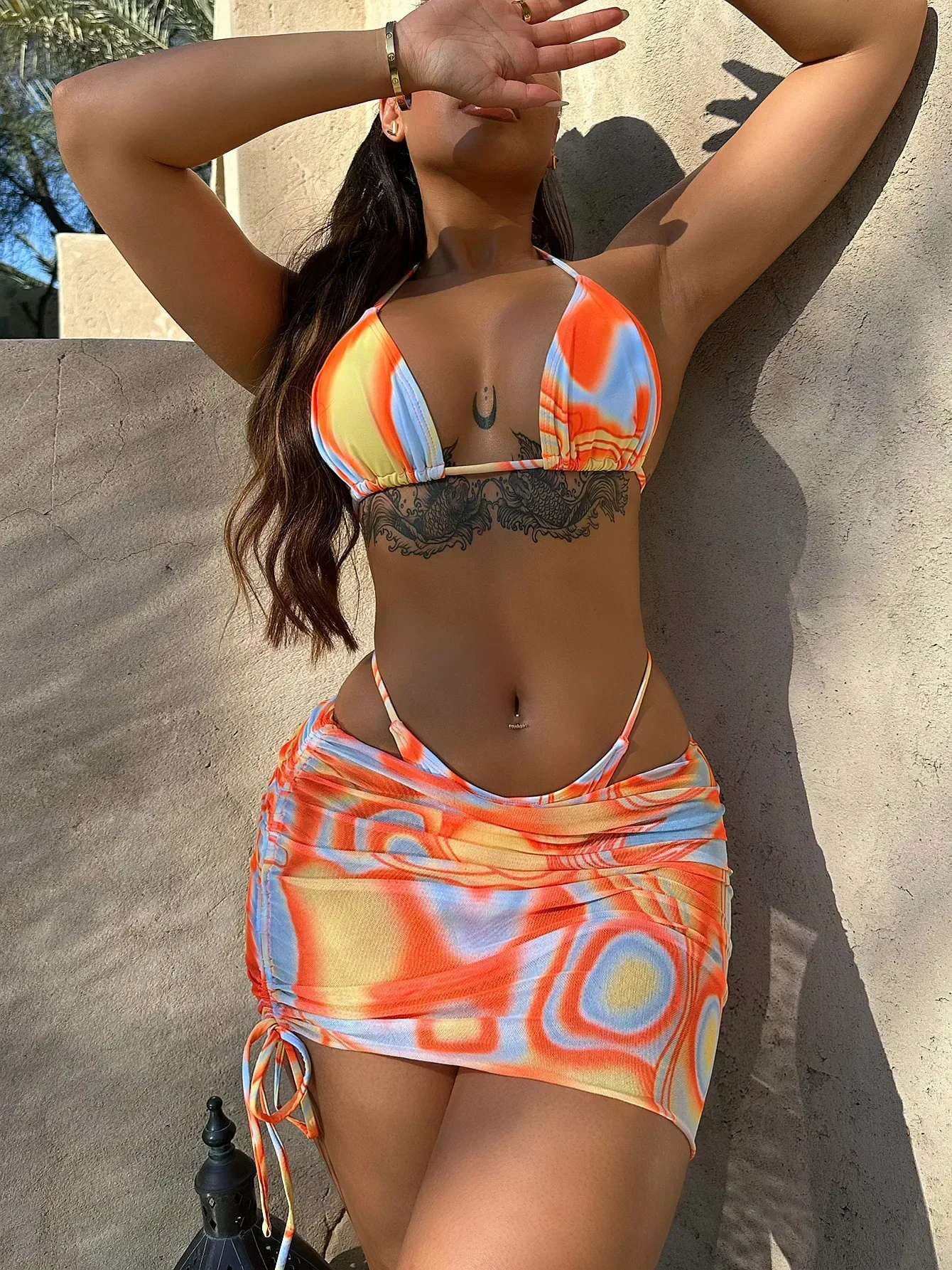 Sexy Orange Gradient 3 Piece Bikinis Sets Women Push Up Pleate Skirt Swimsuit Summer Bathing Suit Cover Up Swimwear Biquini 2025