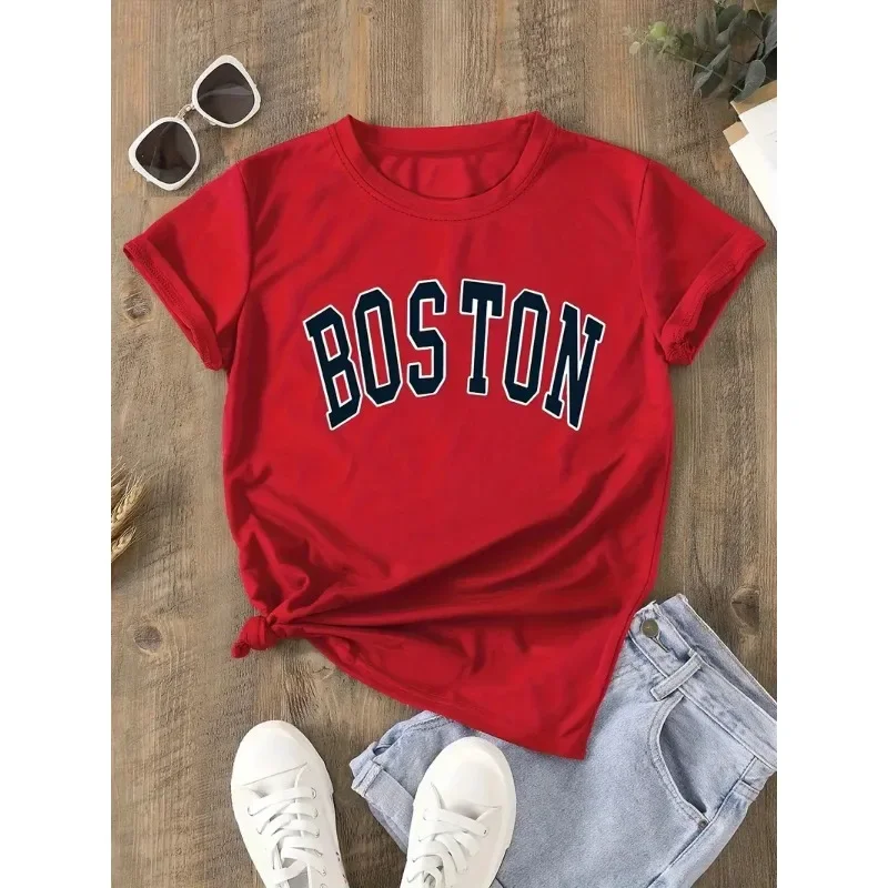 

100% хлопок, новинка, хит продаж, женская футболка с короткими рукавами и буквенным принтом Бостона, модный повседневный топ, женская одежда, футболки с графикой