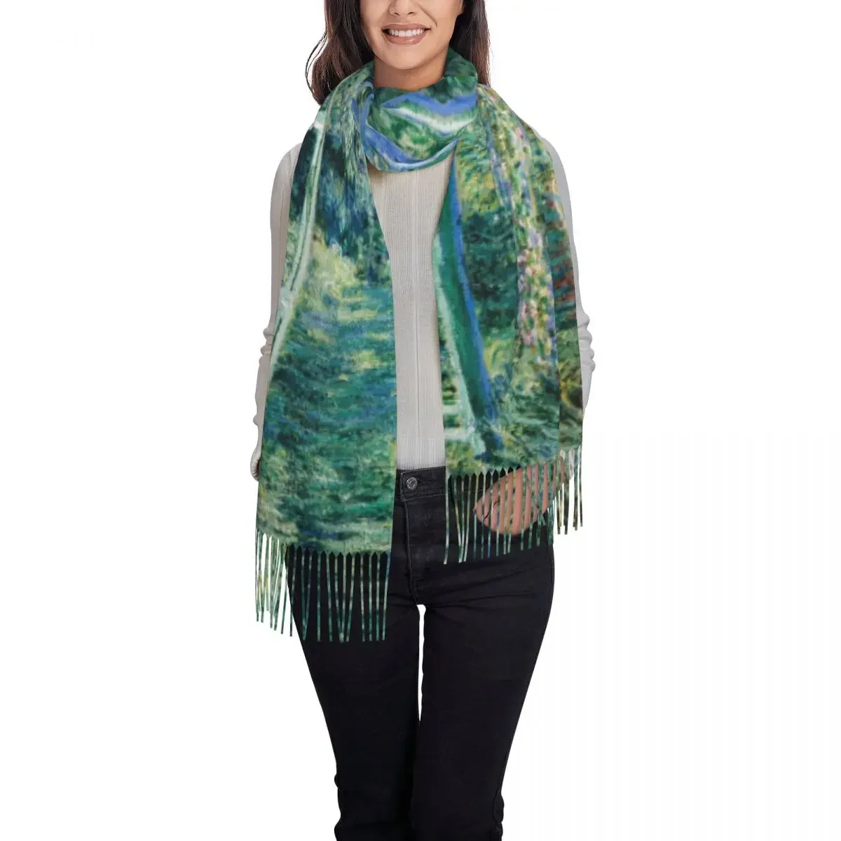 Print The Waterlily Pond Green Harmony Scarf Winter Fall Warm Scarves Claude Monet Water Lilies and Japanese Bridge Shawl Wrap