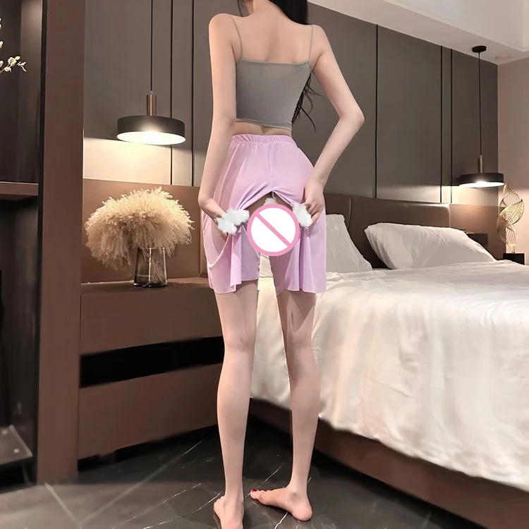 Celana Pendek Musim Panas Wanita Celana Terbuka Celana Pendek Selangkangan Penuh Luar Ruangan Musim Panas Celana Rumah Terbuka Ritsleting Tak Terlihat Gratis Celana Piyama Sutra Es