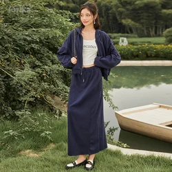 ARTKA 2023 Autumn New Women Suit Fashion Casual Hooded Sweatshirt Coat Two Piece Set High Waist Straight Long Skirt TZ92336Q