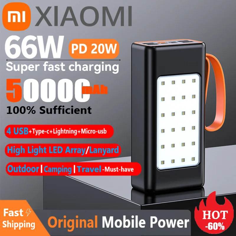 

Xiaomi 50000mAh Portable Power Bank 66W Fast Charger 100% Sufficient Battery With High-light LED Array 4 USB for iPhone Samsung