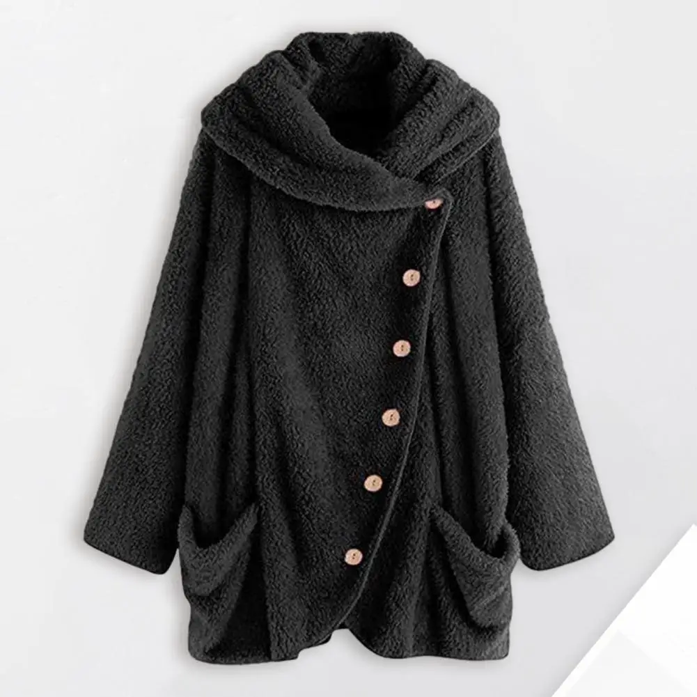 Women Winter Coat Slant Button Closure Doube-sided Fleece Pure Color Loose Long Sleeve Hooded Jacket Homewear Outdoor Outerwear