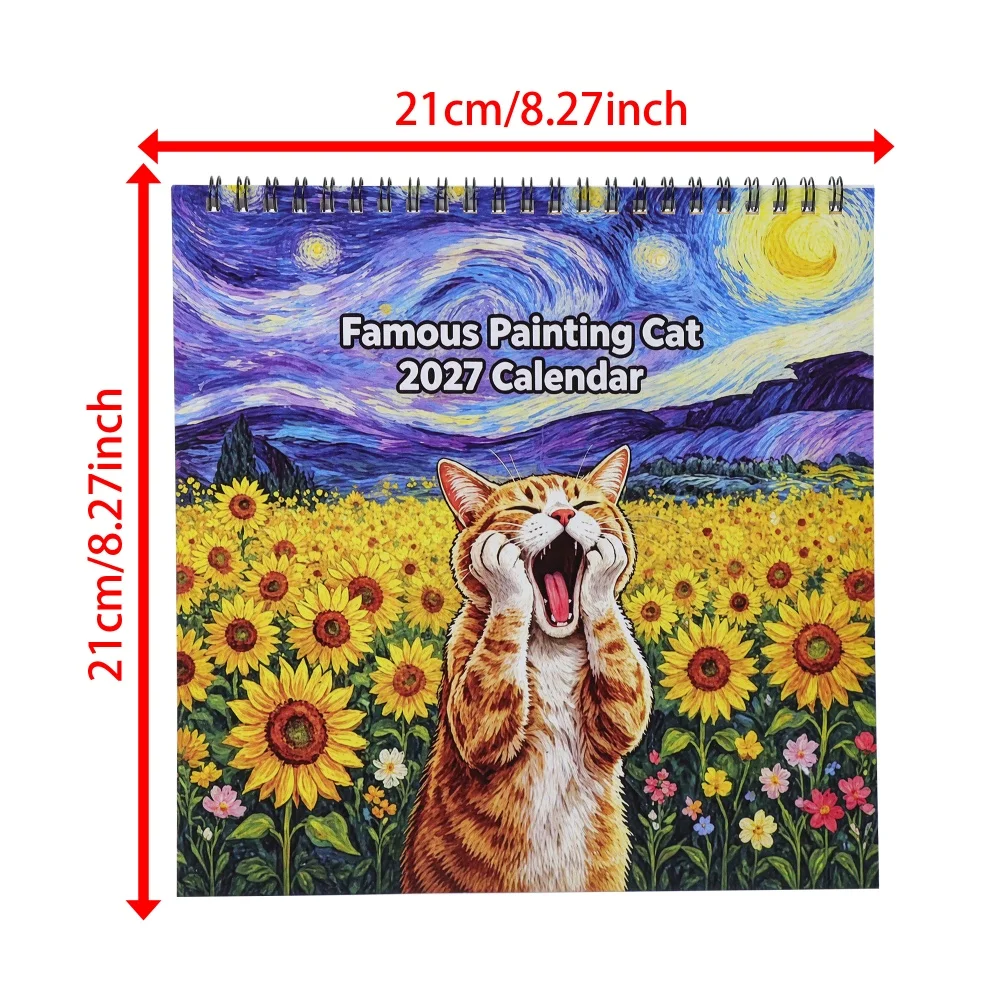 2027 Starry Night Sunflower Cat Calendar, artistic healing monthly planner. Great for study tracking, office planning, home & ca