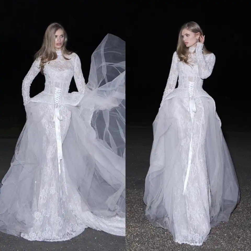 Vestidos de Novia Glamurosos de Encaje, Estilo Sirena, Manga Larga, Cuello Alto, Vestido de Novia Desmontable con Falda de Tul, Vestido Formal para Baile de Graduación