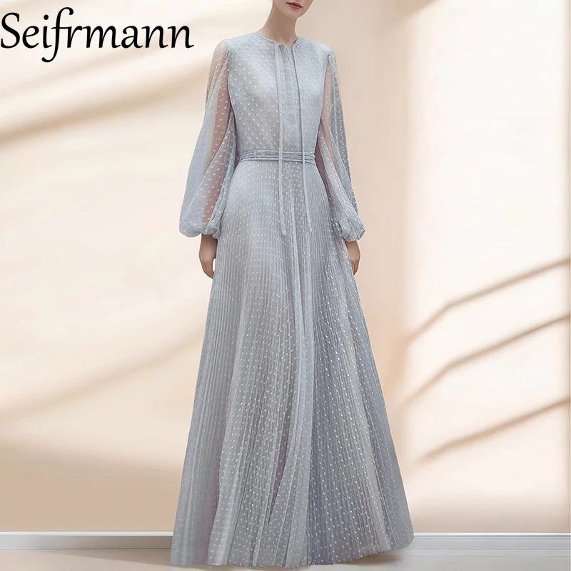 

Seifrmann Women's Elegant Ball Gown Pleated Dress Round neck Lace-Up Long-Sleeved New Fashion Big Swing Pleated Dresses
