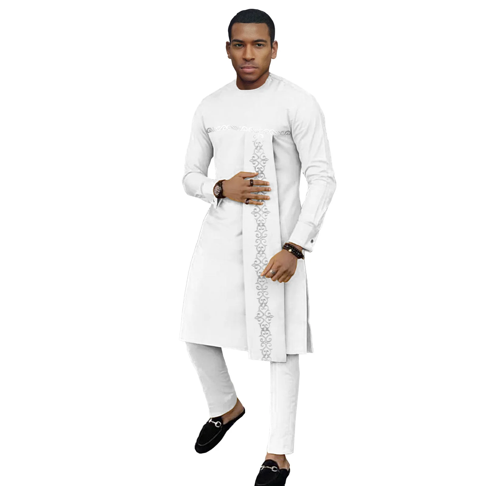 

African Men Clothing Embroidery Shirts and Ankara Pants 2 Piece Set Dashiki Outfits Tribal Kaftan for Wedding Evening