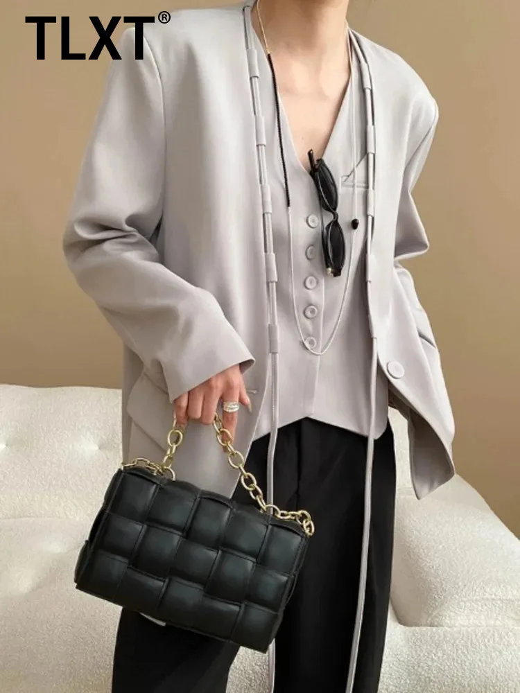 

TLXT Элегантный женский однотонный пиджак из 2 предметов с v-образным вырезом и длинными рукавами, однобортный жилет, женская летняя одежда 2025, новая одежда XK1269