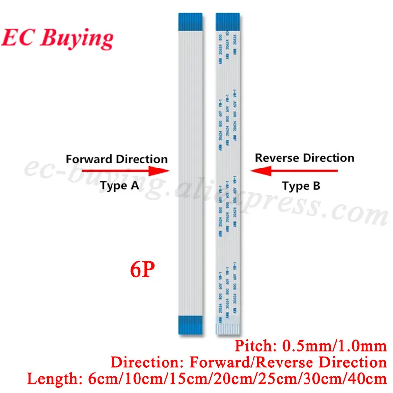 5-10 pces fpc ffc fita flexível cabo plano 6p 6 pinos passo 0.5mm 1.0mm comprimento do fio tipo a 6/10/15/20/25/30/40 cm para frente reverso