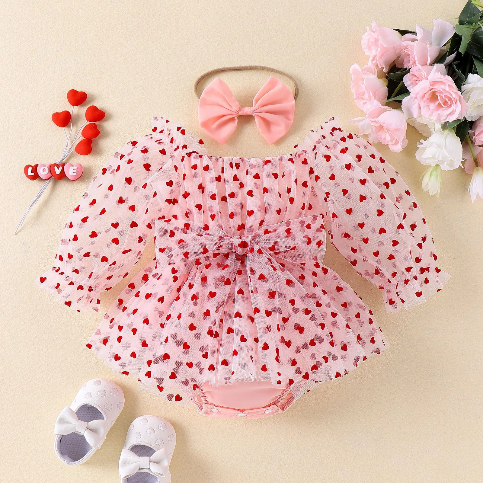 0-18M Infant Baby Girls Valentine\'s Day Romper Tutu Dress Heart Print Long Puff Sleeve Mesh Tulle Jumpsuits With Bow Headband