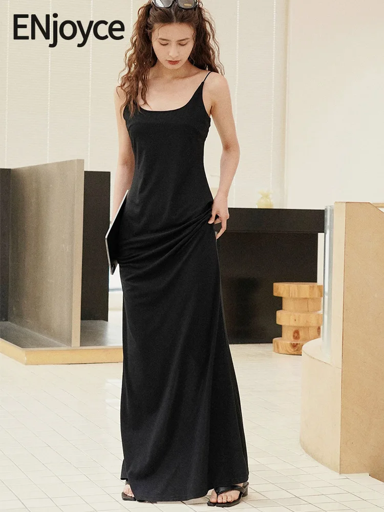 

2024 Summer Vintage Split Suspender Black Long Dresses Women Sleeveless Slim Maxi Dress with Strap Beach Sundress Streetwear