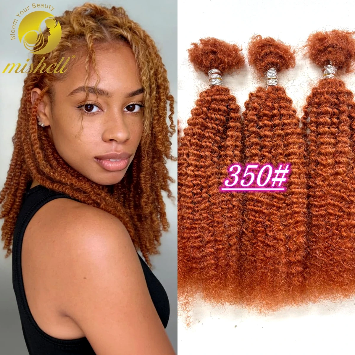 350# Ginger 30g/Pack Afro Kinky Curly Human Hair Bulk Extensions No Weft for Permanent Micro Locs/Twists/Braids/Repair Locs