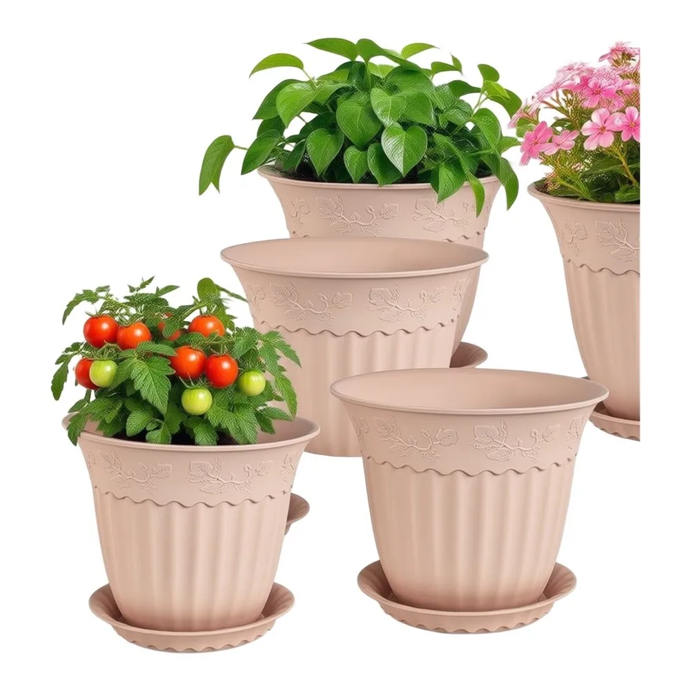 6/8/10 Inch Plant Pots Set 12 Pcs with Matching Saucers Lightweight Drainage Holes for Succulents Herbs Pothos