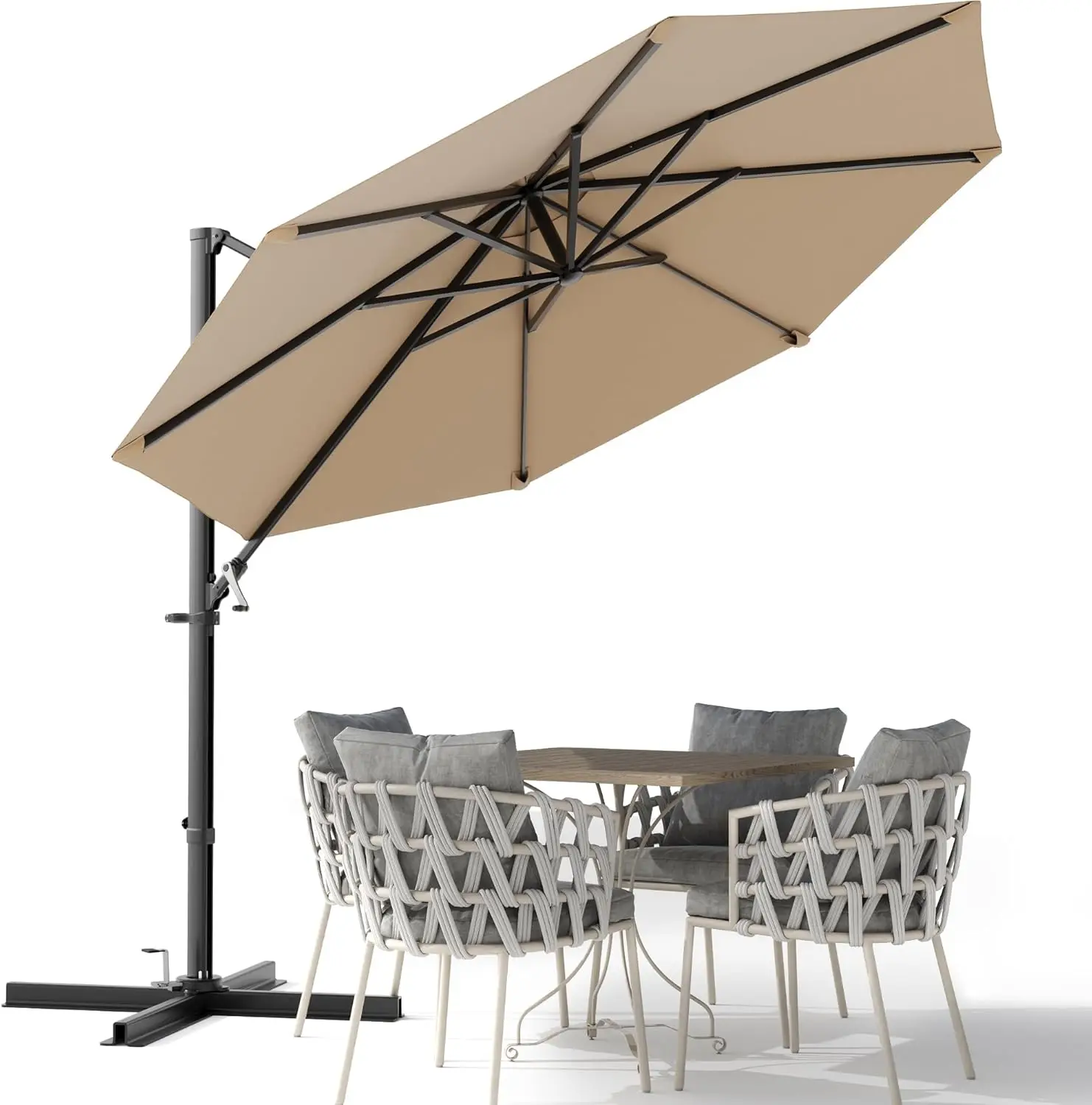 

10ft Cantilever Patio Umbrella, Round Large Outdoor Umbrella with 360-Degree Rotation, Hanging Offset Market Sun Umbrella