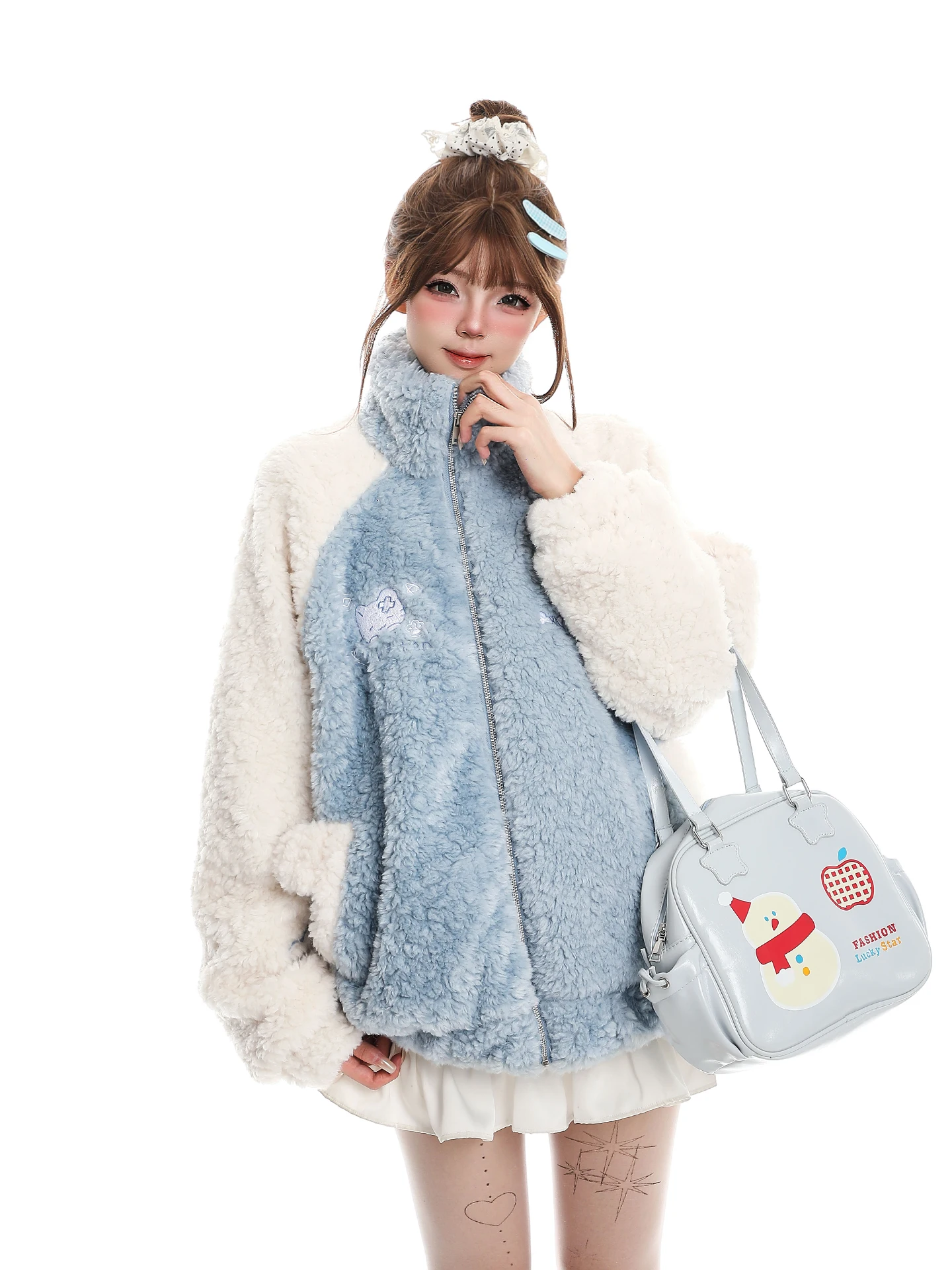 

Cute Cartoon Embroidery Thiened Lamb Fur Collar Cotton Jaet Women's Winter Lazy Warm Cotton Coat Outerwear Stand Collar