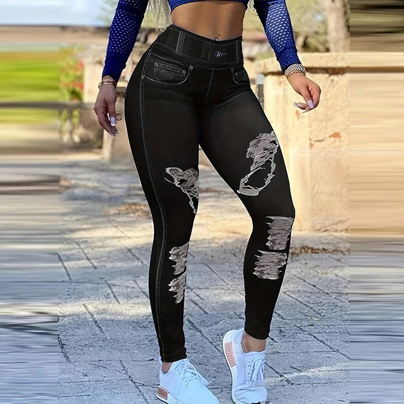 High-Waist Skinny Leggings with Trendy Ripped Details Comfort-fit Polyester, Machine-Washable and Versatile for All-Season Yog