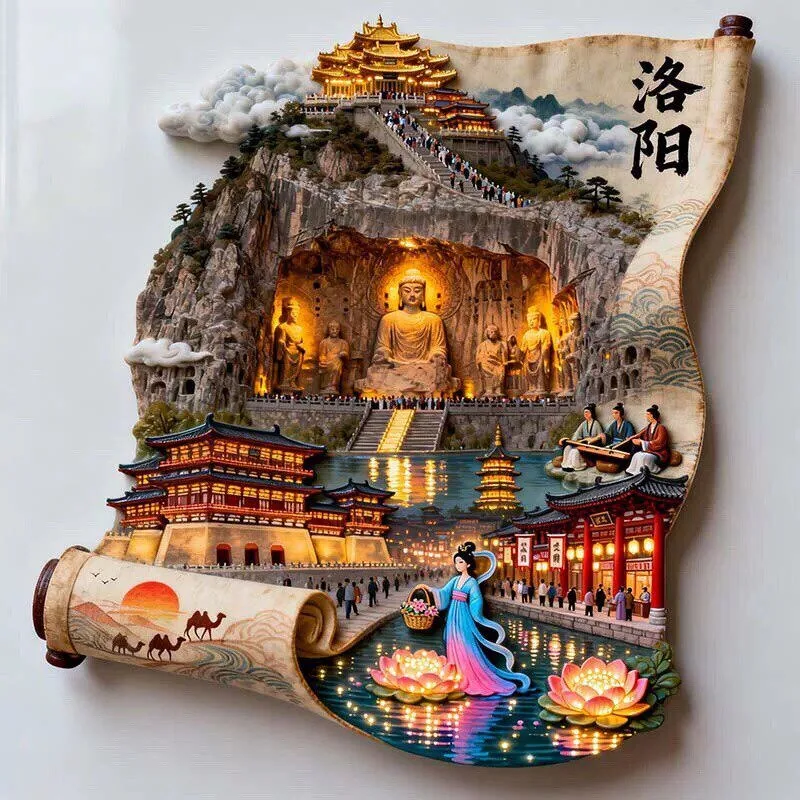 Luoyang Cultural Creative Fridge Magnet 2026 New Scroll Painting Metal Magnetic Sticker Henan Travel Souvenir Friends Gift Idea