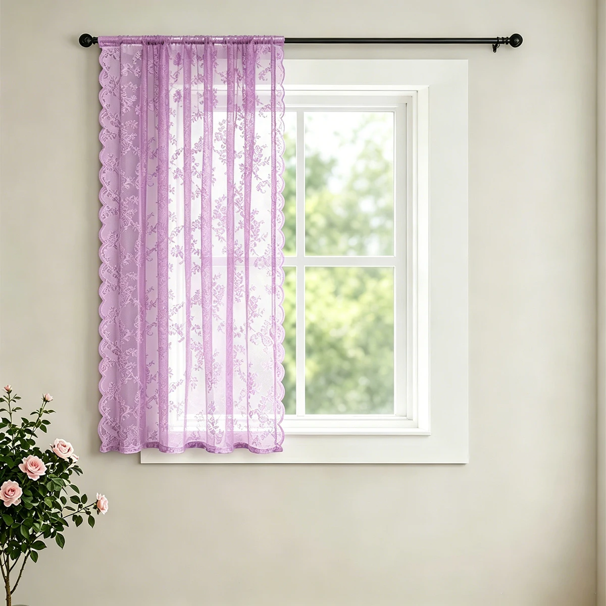 1 Stück französischer Vintage-Rosenspitzenvorhang mit wellenförmigen Rändern, kleiner dekorativer Fenstervorhang ohne Löcher – Detail 4
