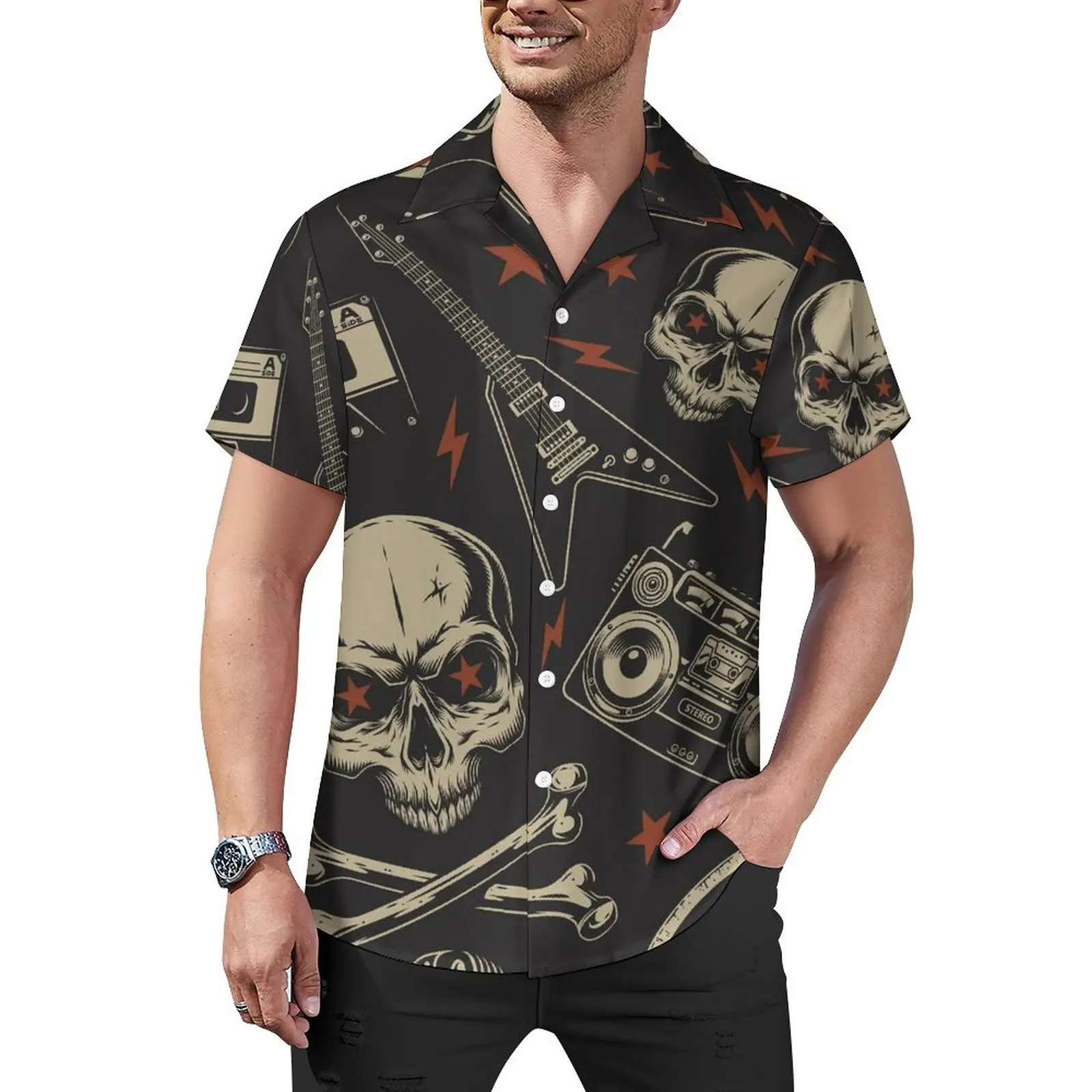 

Retro Tape Guitar With Skulls Hawaiian Shirt For Men Vacation Casual Shirts Short Sleeve Funny Print Vintage Oversize Blouses