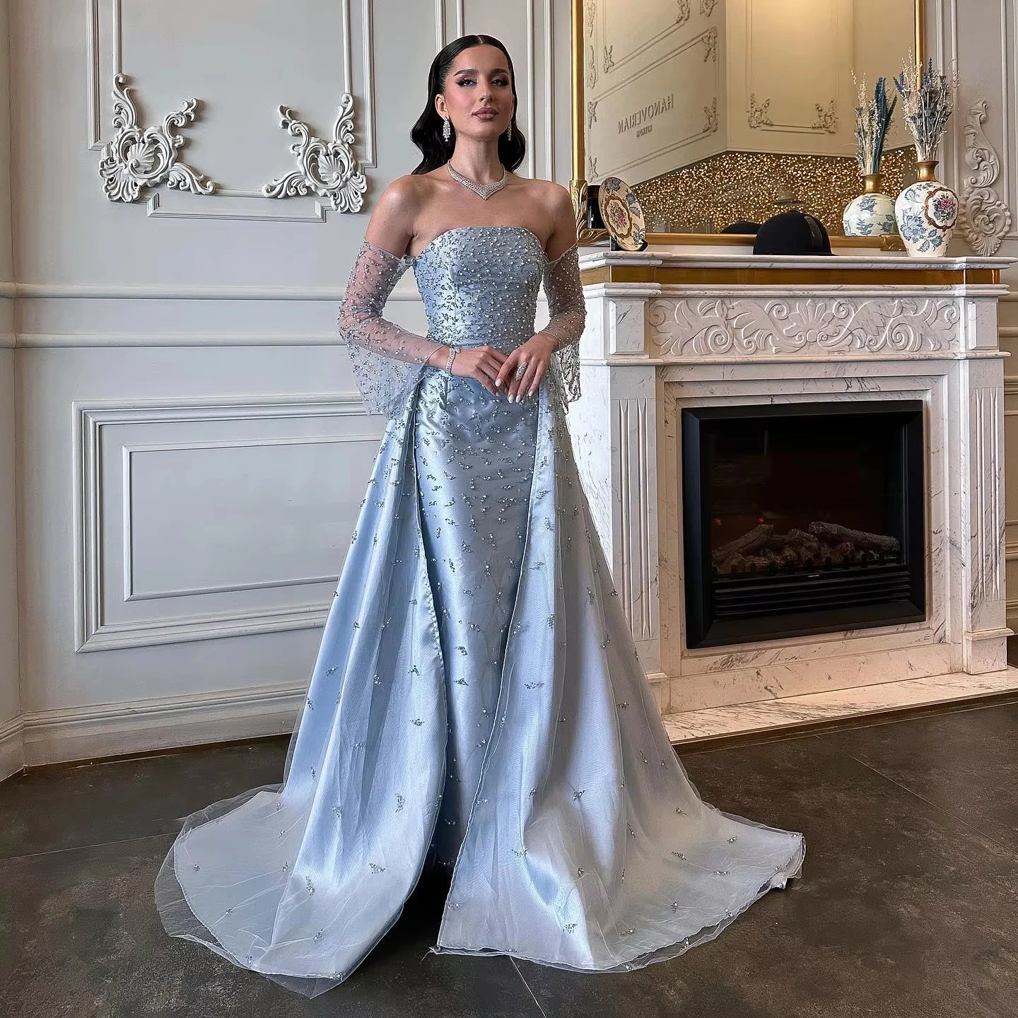 Arabic Silver Gray Luxury Dubai Evening Dress With Overskirt Sleeves Woman Wedding Party Elegant Prom Formal Gowns Lsz484