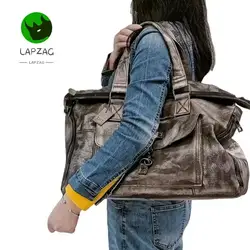 Lapzag 100% женская большая винтажная Дорожная сумка из овечьей кожи черного и серебристого цвета, вместительная сумка-мессенджер для йоги, сумка через плечо для девушек