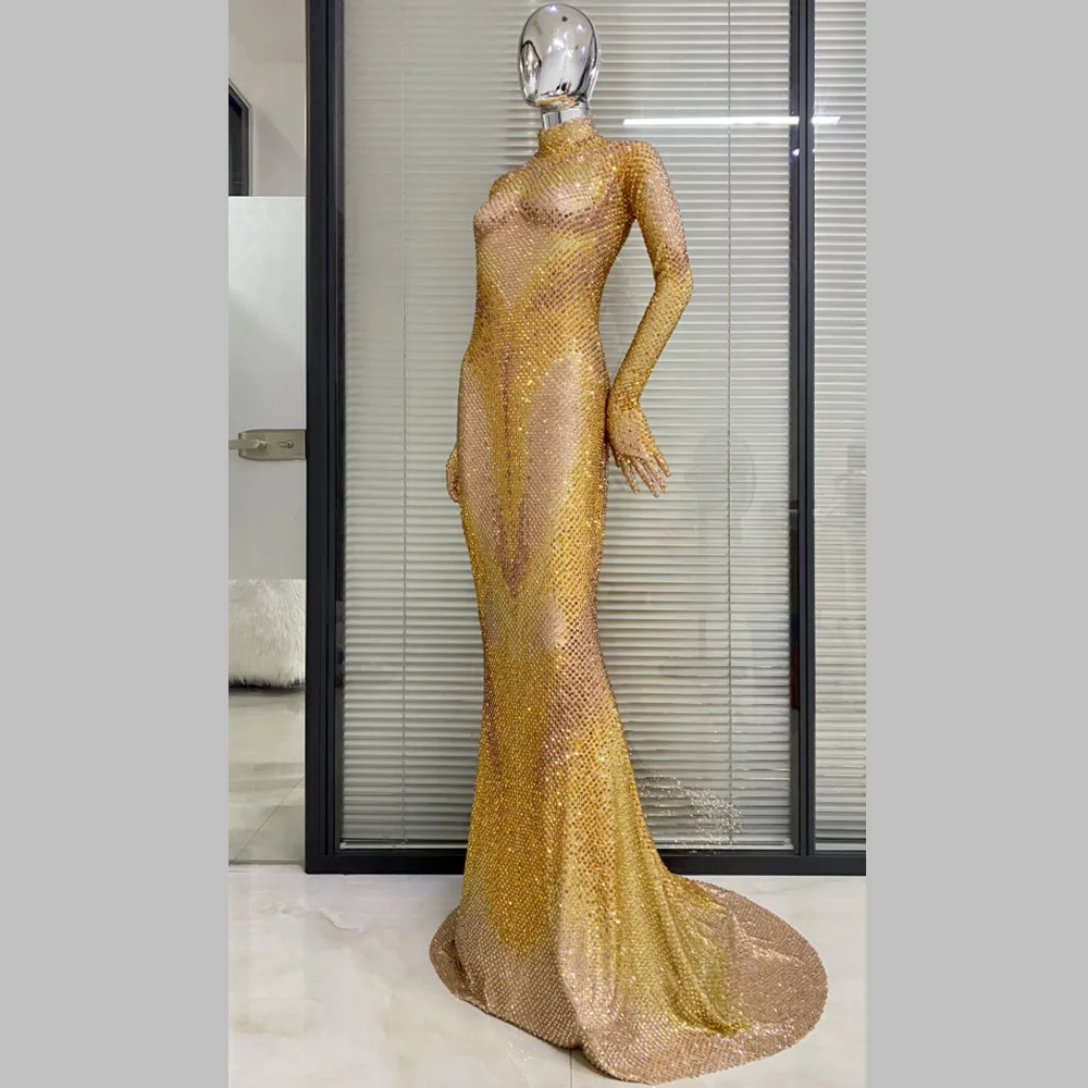 Customized Gold Color Women Long Sleeve Rhinestones Shinning Elegant Evening Party Floor-Length Dress Singer Performance Costume