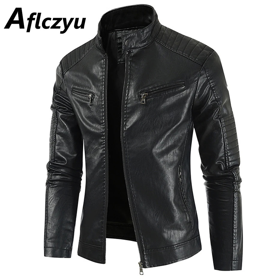 

Motorcycle Biker PU Coat Men Casual Solid Color PU Jacket Spring Autumn Stand Collar Jackets Male Faux Leather Coats Black