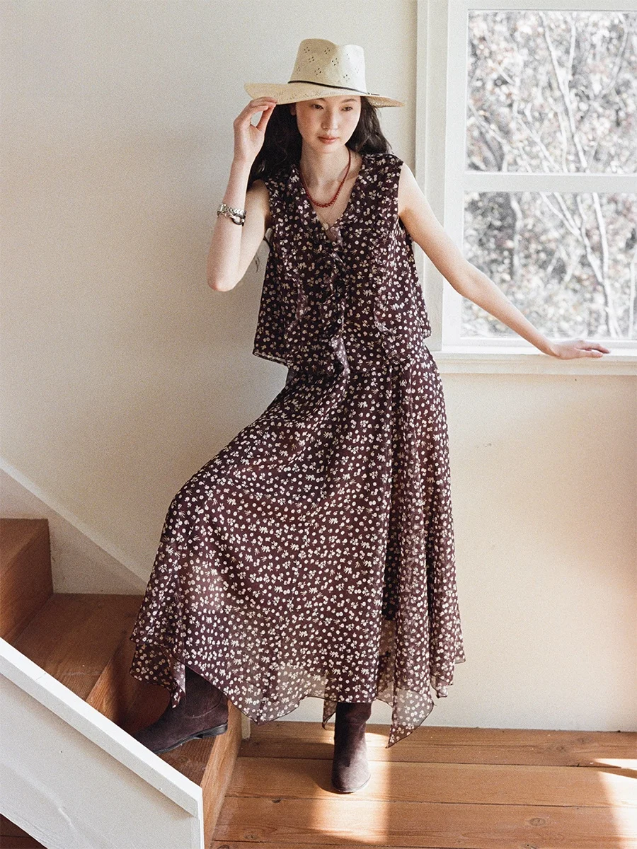 

Even Vintage Floral Print Svel V-Ne Loose Chiffon Top f Skirt Set Women's Retro Sle High Waist A-Line Skirt