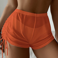 Women Summer Sexy Beach Swimming Shorts High Waist Mesh Sheer Lace Bikini Bottoms Orange Transaparent Cover Up Beachwear Acces