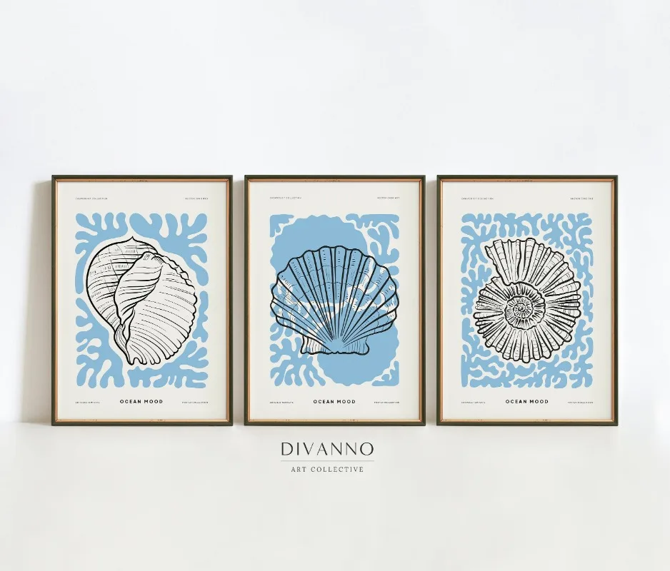 Ocean Set of 3 Blue Prints Poster Canvas Art Pictures Home for Living Room and Bedroom Wall Modern Decor Frameless Painting