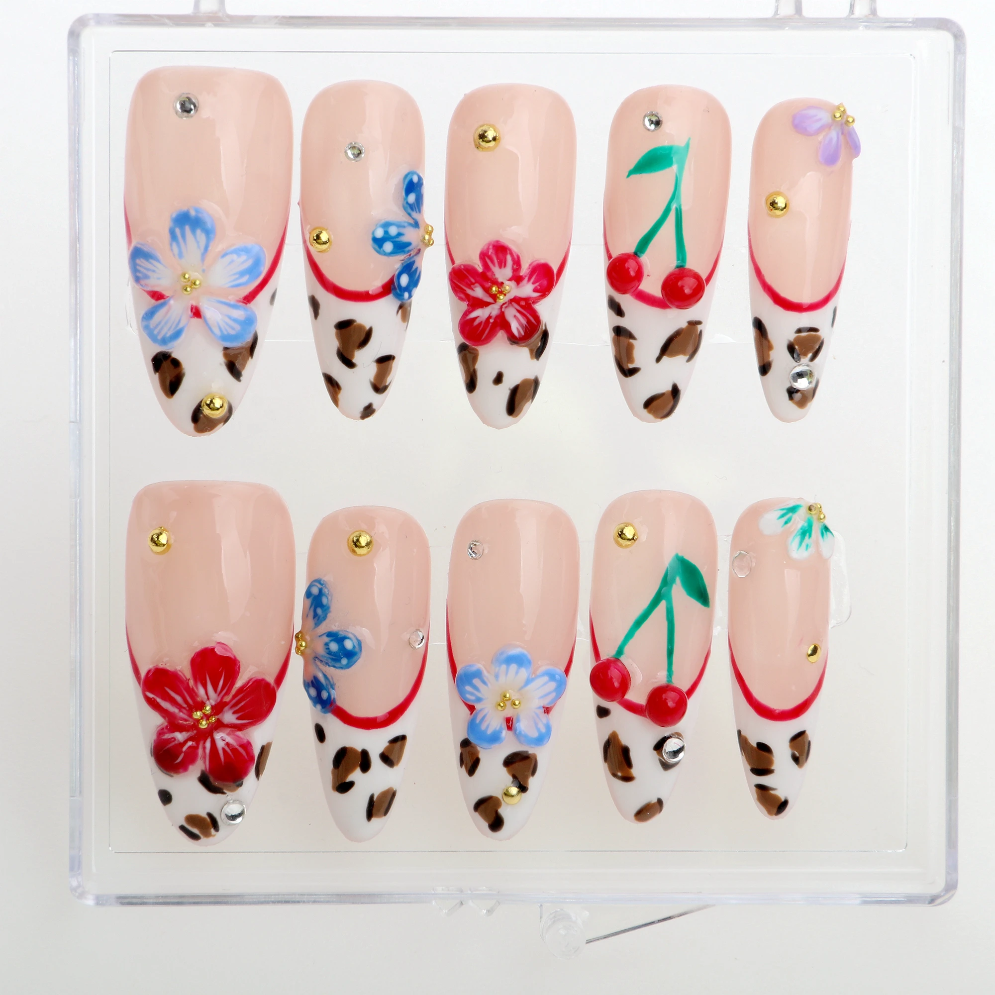 10Pcs 3D Cherry press on nails Fairy Tale Flower Long Almond Press On Nails Bow Dreamy Nails Y2K  with Adhesive Nail File Set