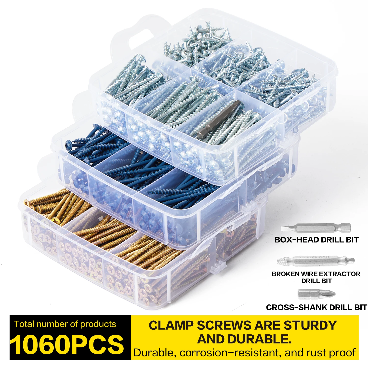 1060 square hole bag hole screws and color zinc cross flat head screws, 16 sizes of screws, pocket screws, coarse threads, square drive washer head, cross drive, very suitable for outdoor woodworking use, with three drive drill bits as a gift