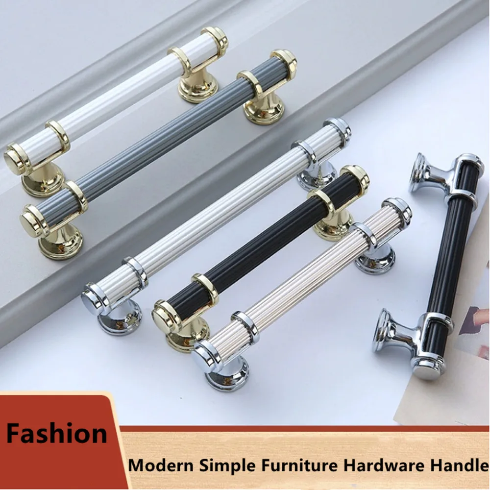 

96 128 160 192 224mm Modern Simple Fashion Two Color Wardrobe Cupboard Door Handle Gold Silver White Black Kitchen Cabinet Knob