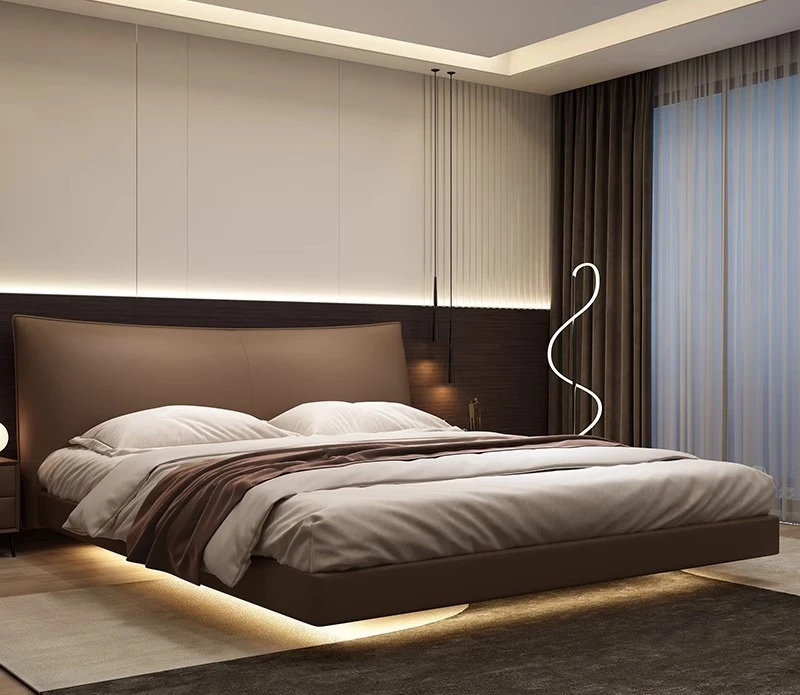 吊り下げ式レザーベッド イタリアンミニマリスト マスターベッドルーム モダンミニマリスト ハイエンド 雰囲気のあるダブルベッド