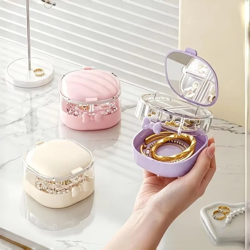 Portable Double‑Layer Jewelry Box With Mirror Compact Square Travel Jewellery Organizer Dust‑proof Moisture‑proof Storage Case