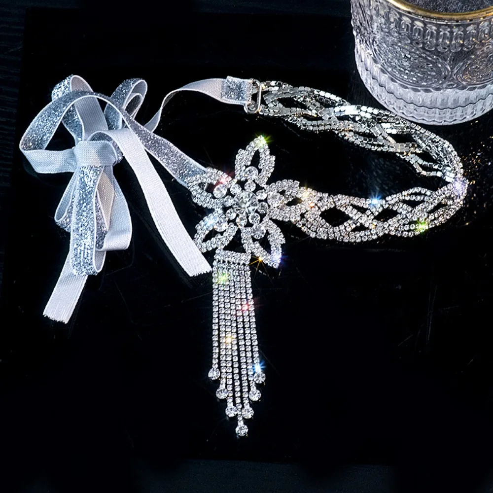 

Shiny Rhinestone Flower Necklace Crystal Tassel Hollow Exaggerated Necklace Accessories Elegant Lace up Necklace Wedding