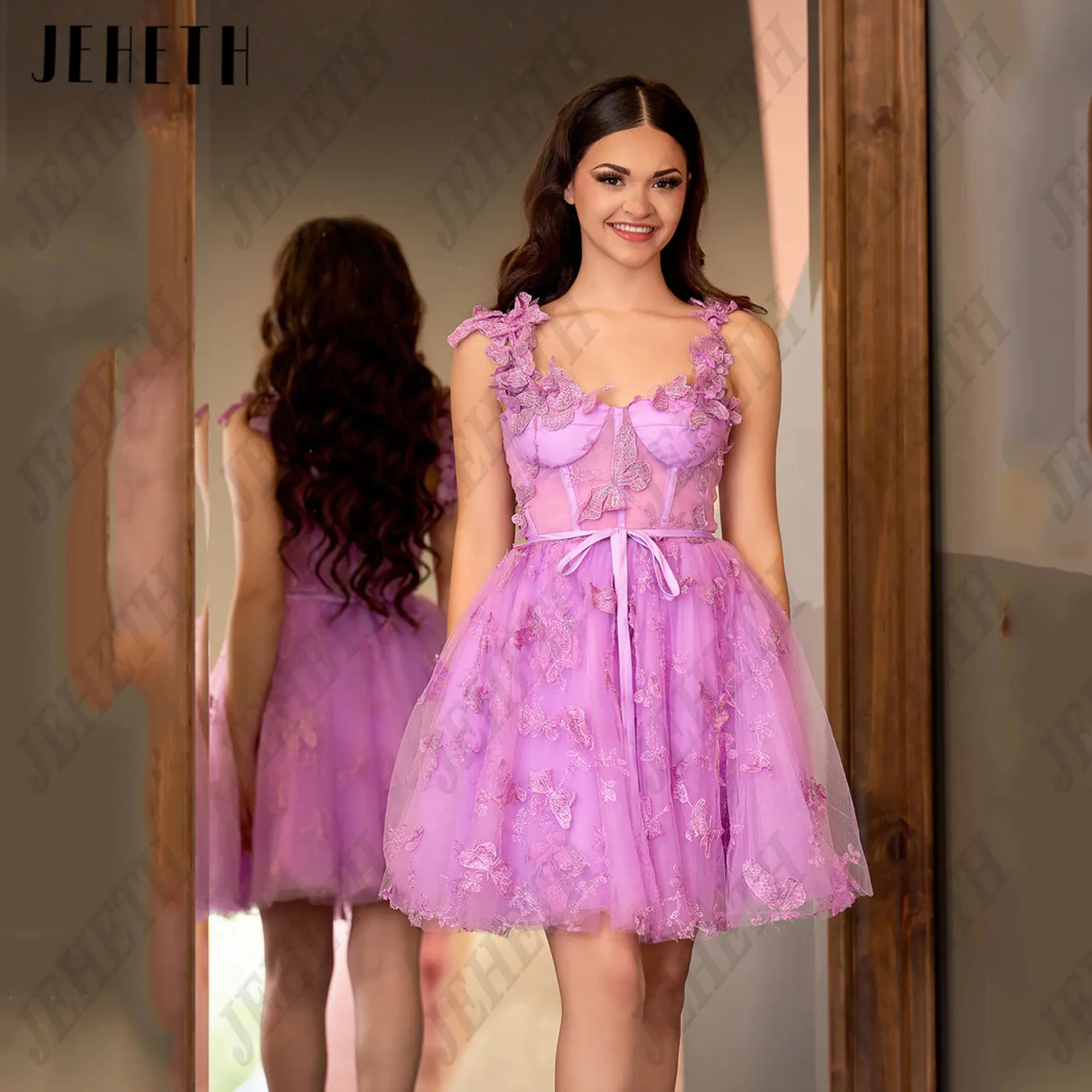 

JEHETH Fairy Mini Butterfly Prom Dresses Woman Straps Sweetheart A Line Purple Corset Back Party Gowns Special Evening Dress