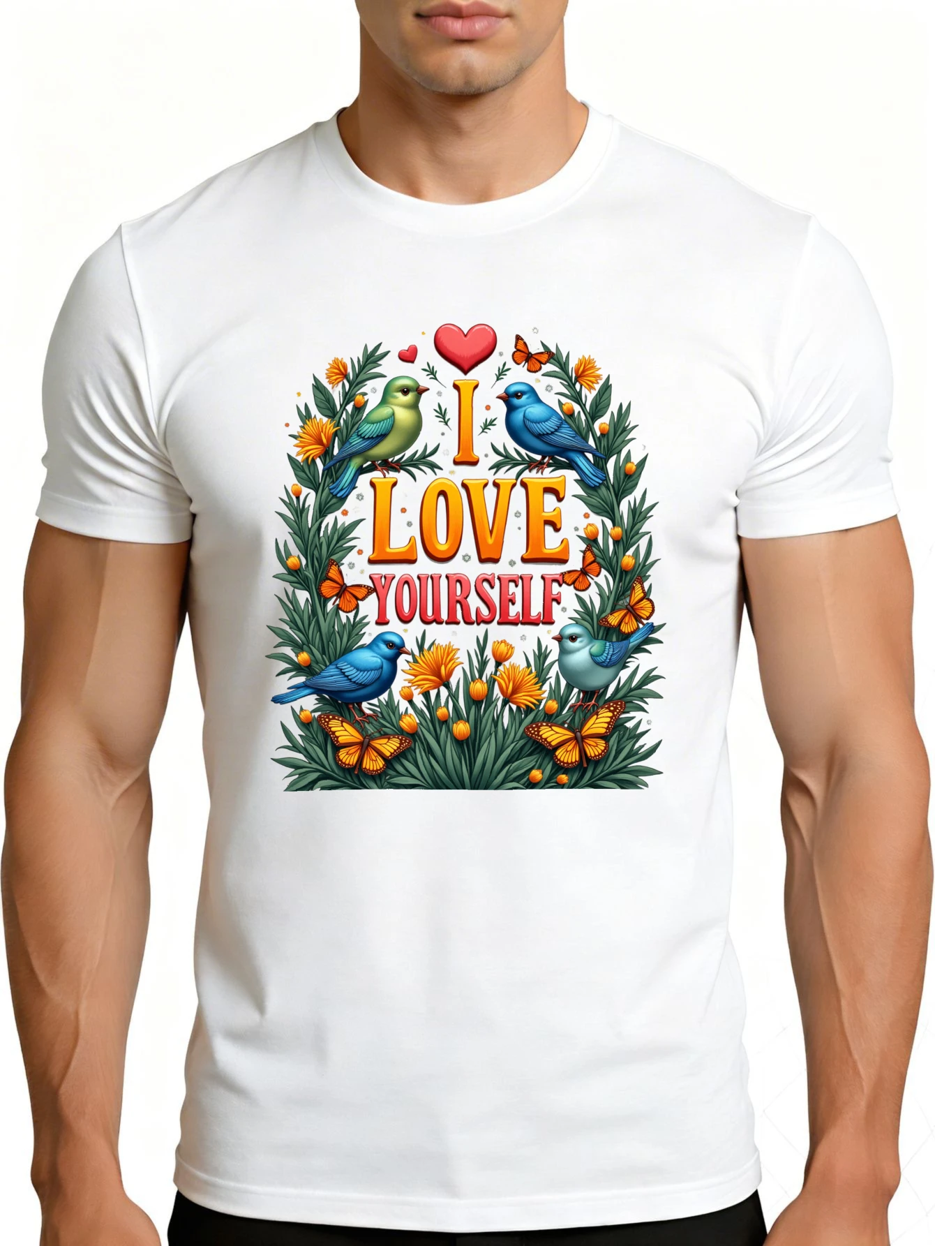 Men's Graphic T-Shirt - Breathable, Soft, Lightweight - I Love Myself, Birds, Flowers - Vintage Fun Pattern Casual Short Sleeve Summer Top, Gift for Him
