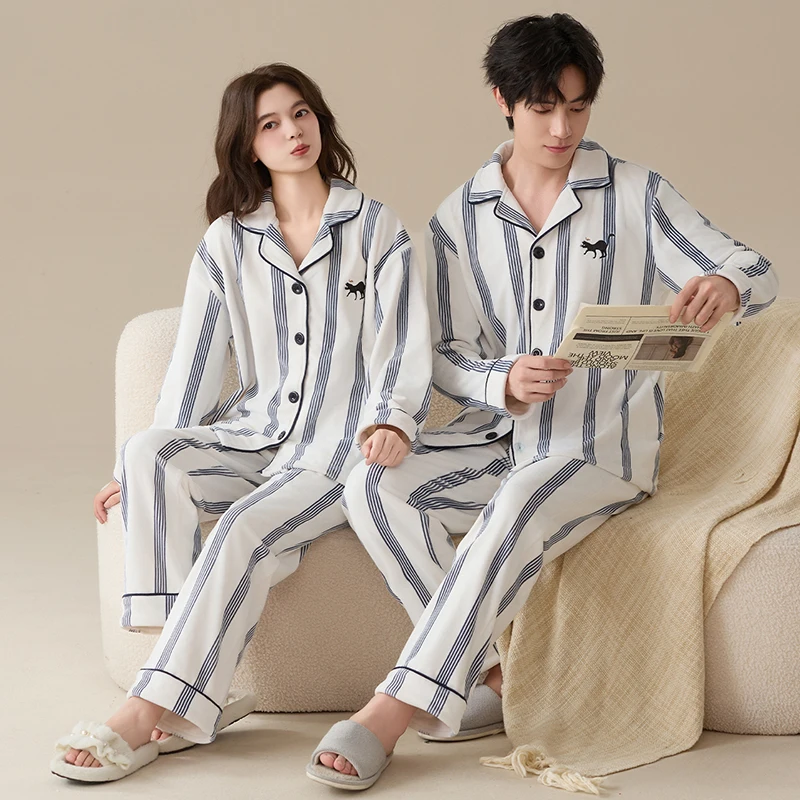 

Couple Pajamas Set Winter Women and Men Warm Flannel Pijama Lovers Turn-down Collar Striped Sleepwear