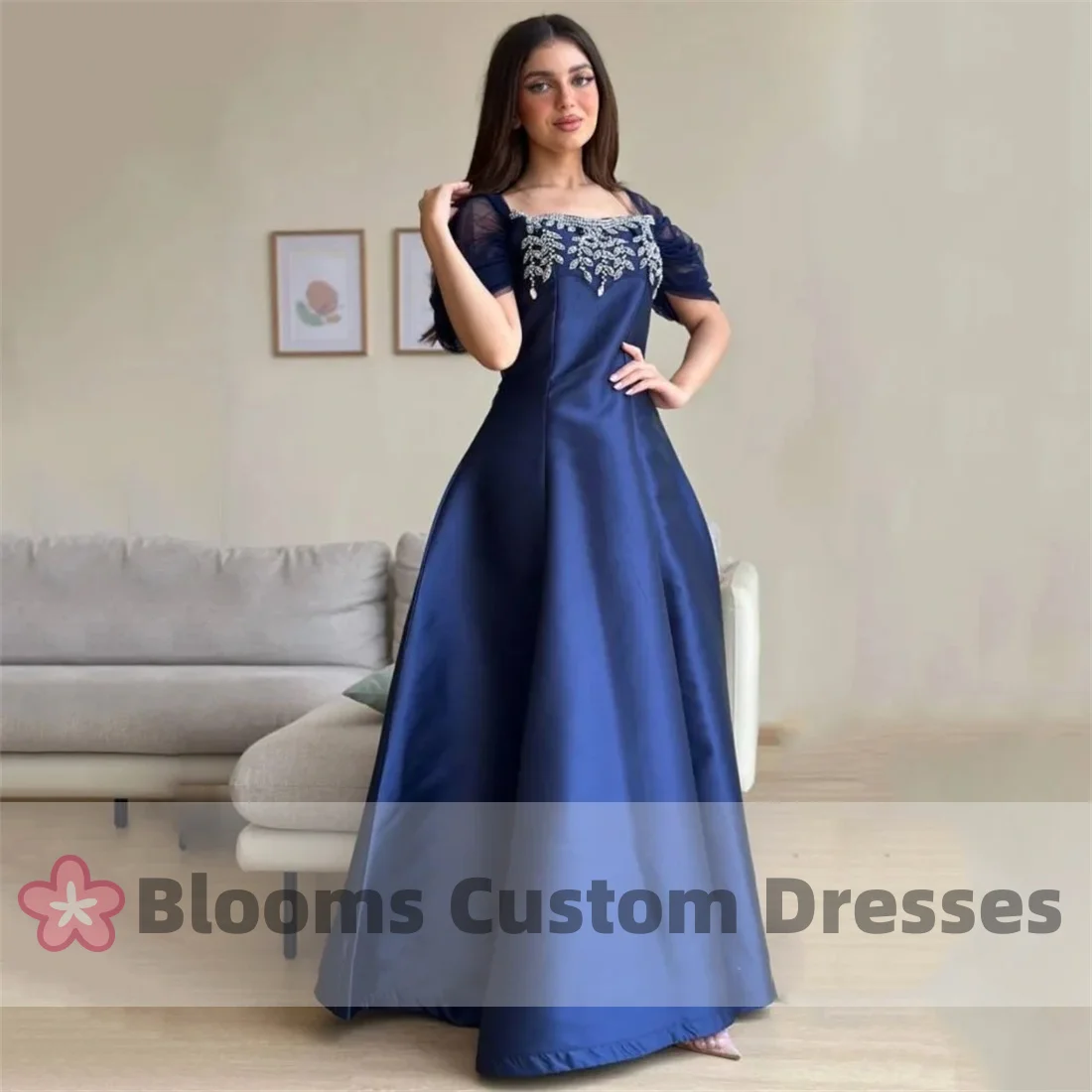 

Bloom Blue Square Collar Formal Ocassion Gown Appliques Floor-Length Satin Evening Dresses 2024 Tulle Sleeves Party Gown