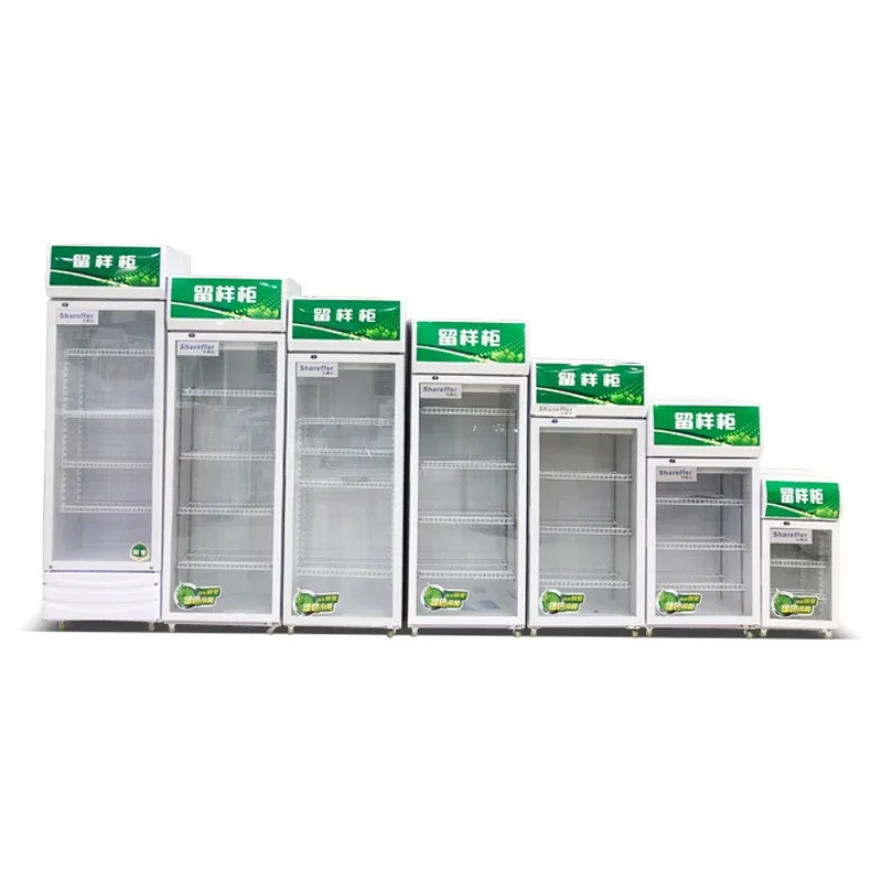 Vitrina refrigerada para muestras de alimentos y escolares, para conservación de productos frescos, con congelador pequeño.