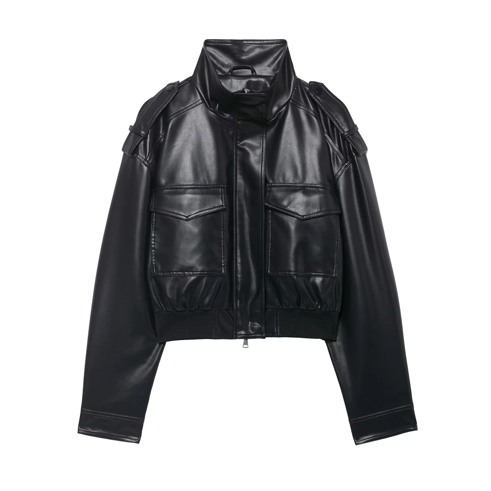 

2025 Winter New Women's Casual Fashionable Simple Motorcycle Style Faux Leather Stand Collar Long Sleeve Short Jacket