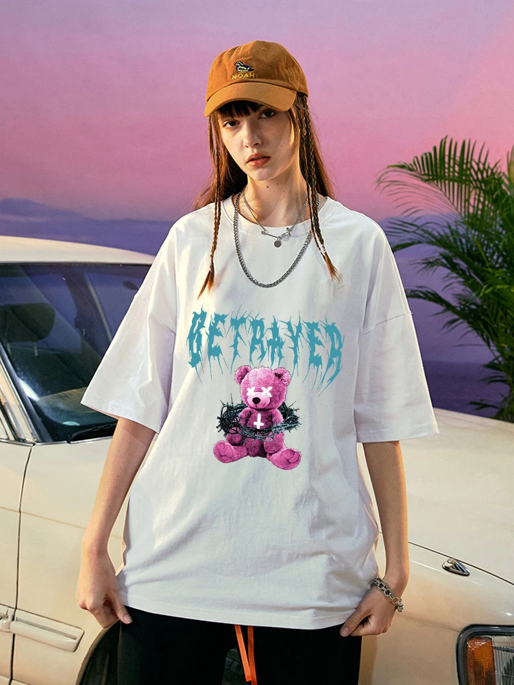 Tied up teddy bear Funny Print Y2k T-Shirt Female Summer Breathable Tshirt Loose Oversized Tops O-Neck Cotton Brand Streetwear