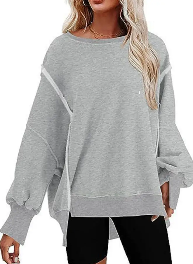 

Autumn Solid Color Round Neck Long Sleeved Pullover for Women with Fringed Stitching, Casual Loose Long Sleeved T-Shirt Top