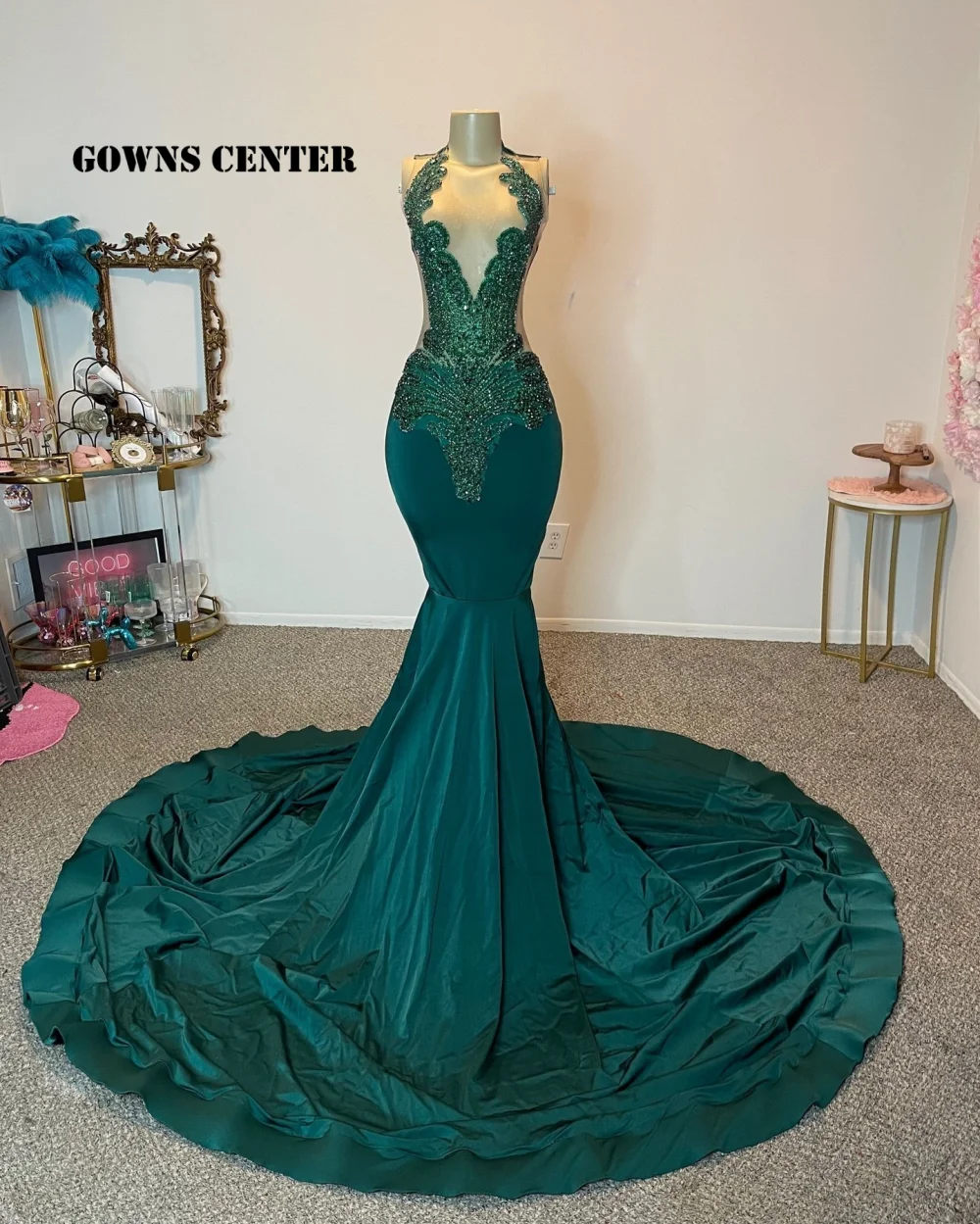 Abiti da ballo a sirena verde foresta Abiti da gala da sera per ragazze nere personalizzati Strass Cristalli Abito da cerimonia nuziale Aso Ebi
