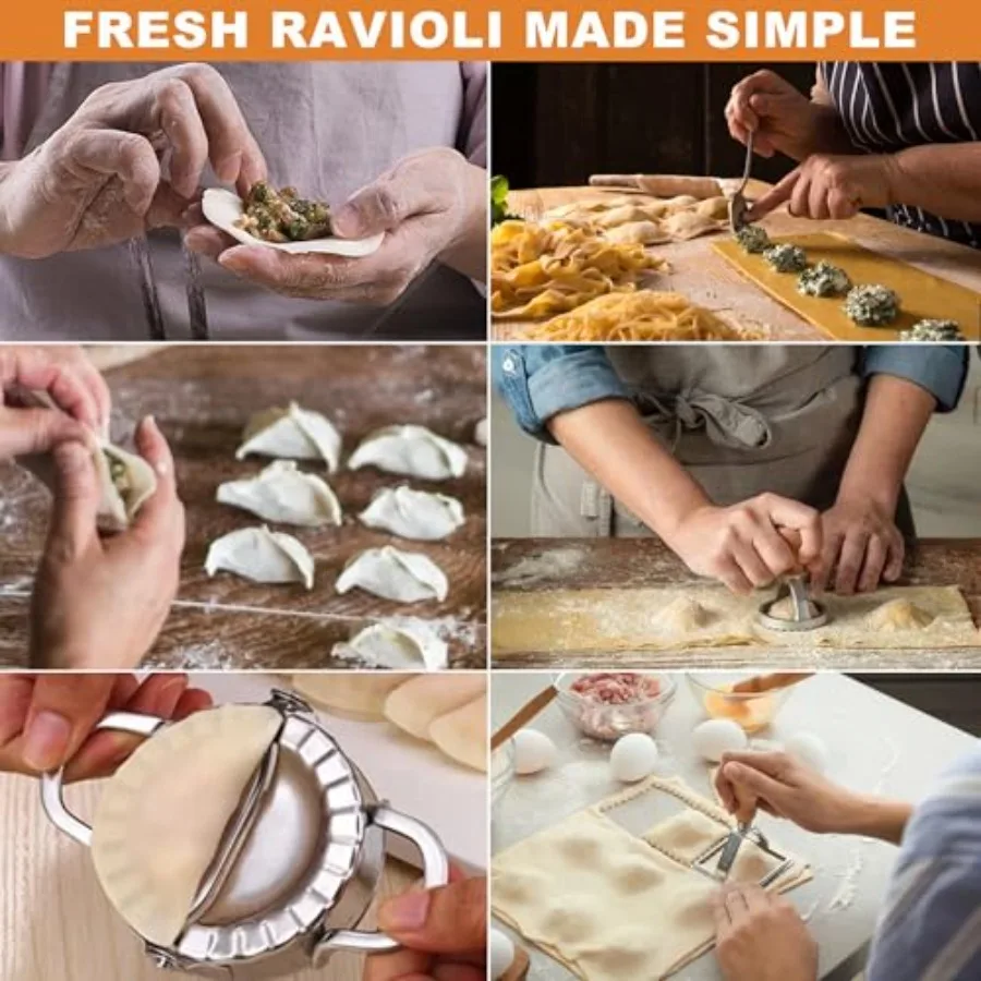 ماكينة صنع المعكرونة رافيولي مع مجموعة عجلات دوارة مكونة من 6 أدوات صنع معكرونة رافيولي محلية الصنع بمقبض خشبي مثالية للحرف اليدوية