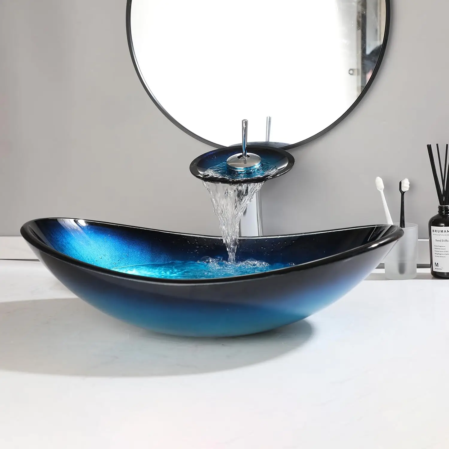 KEMAIDI Oval Blue Bathroom Vessel Sinks With Faucet Vessel Sink Bathroom Glass Sinks Boat Shape Above Counter Glass Sink Bowl view 2