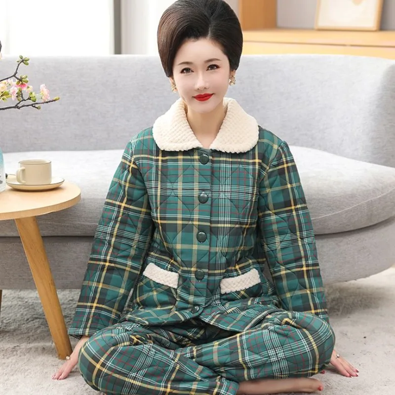 

2024 New Middle Aged Mother's Cotton Pajamas Women's Winter Three-layer Thickened Sleepwear Cotton Set Large Size Warm Homewear