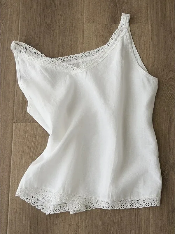 

Летняя майка из чистого хлопка с кружевной отделкой, тонкая хлопковая льняная майка, женская свободная внутренняя одежда большого размера, верхняя одежда