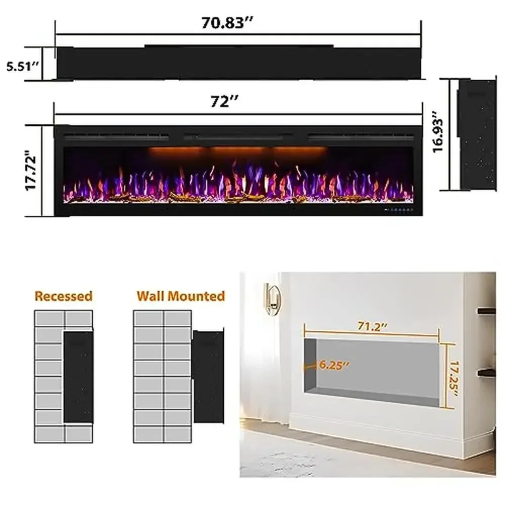 72" Electric Fireplace Wall Mounted Multicolor Flame Log Crystal Hearth 1500/750W Ultra Slim Frame LED Lights Remote Control